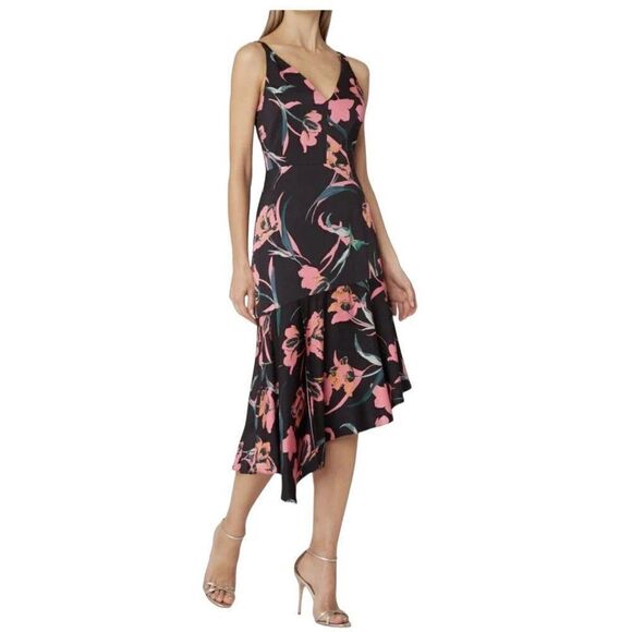 Milly Dress WMNS 4 Pink Black Midi Floral Dashielle Botanical Asymmetric V Neck